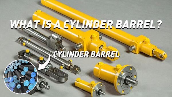 Close-up of a hydraulic cylinder barrel, showing its robust metal construction and cylindrical shape.