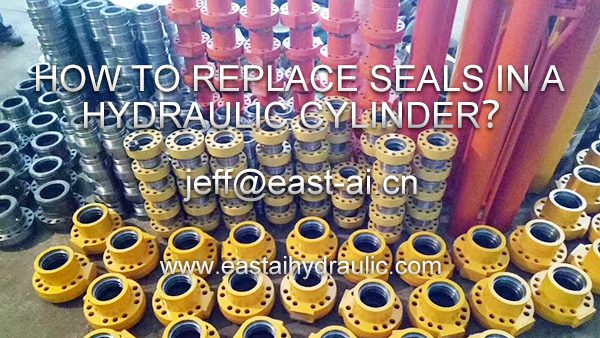 Step-by-step process of replacing seals in a hydraulic cylinder with tools and parts laid out.