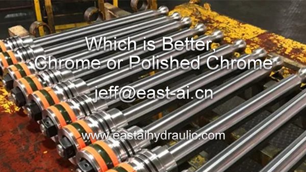 A side-by-side comparison of Chrome and Polished Chrome finishes on precision shafts, highlighting differences in appearance and application for hydraulic cylinders