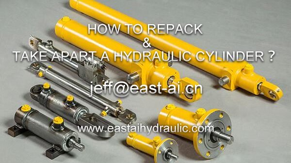 Step-by-step demonstration of disassembling and repacking a hydraulic cylinder, showing tools and components laid out.